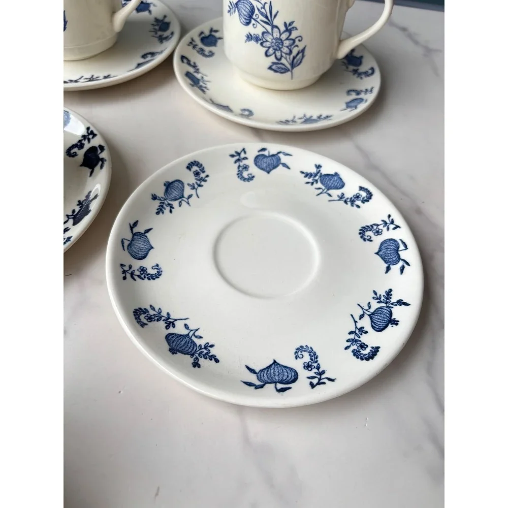 Vintage USA Blue Onion SCIO Tea Cup and Saucer Set of 4 Floral White Blue